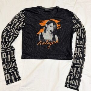 Aaliyah Mesh Long‎ Sleeve Crop Top Black Graphic XS (14-16) Y2K 90s Streetwear